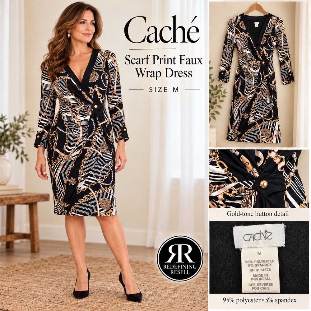 Cache Scarf Print Faux Wrap Dress Black Gold Chain Baroque V-Neck Size M